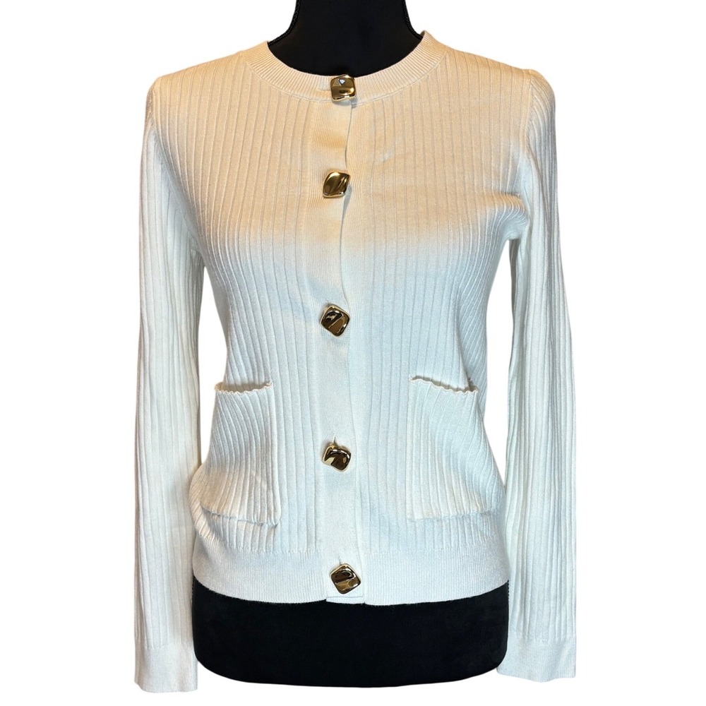 Commense Cardigan Med Off White Ribbed Knit Gold Button Front Crew Neck Sweater - Picture 2 of 7